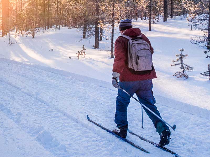 Wenn du speziell für Ski-Langlauf trainieren möchtest, solltest du zusätzlich zu Rumpf und Beinen auch Arme und Oberkörper stärken. Dafür bieten sich u. a. Nordic Running oder Inline-Skating mit Stöcken an.