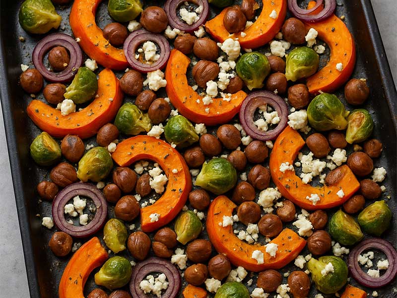 Dieses Ofengemüse mit Maronen ist easy zubereitet, schmeckt mild-nussig und passt perfekt als Beilage oder Hauptgericht!